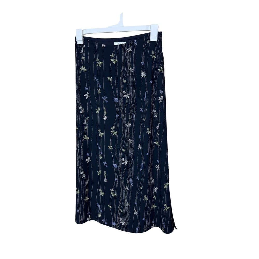 Villager Liz Claiborne Navy Blue Floral Stripe Maxi Skirt Side Slit Size 6